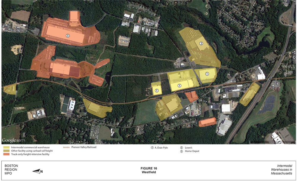 FIGURE 16. Westfield
This is an aerial photo of part of Westfield with intermodal warehouses and other industrial land uses highlighted.
